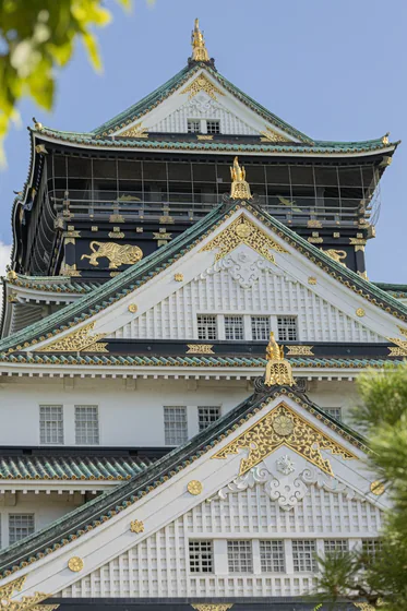 The castle keep framed by leaves, gold trim on white walls